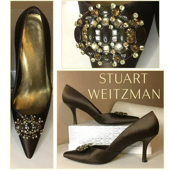 STUART WEITZMAN ✨ Brown Satin Rhinestone Embellished Heels - Picture 1 of 14